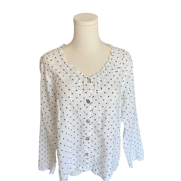 Flax - White Polka Dot Linen Blouse Top Sz S - Picture 2 of 7